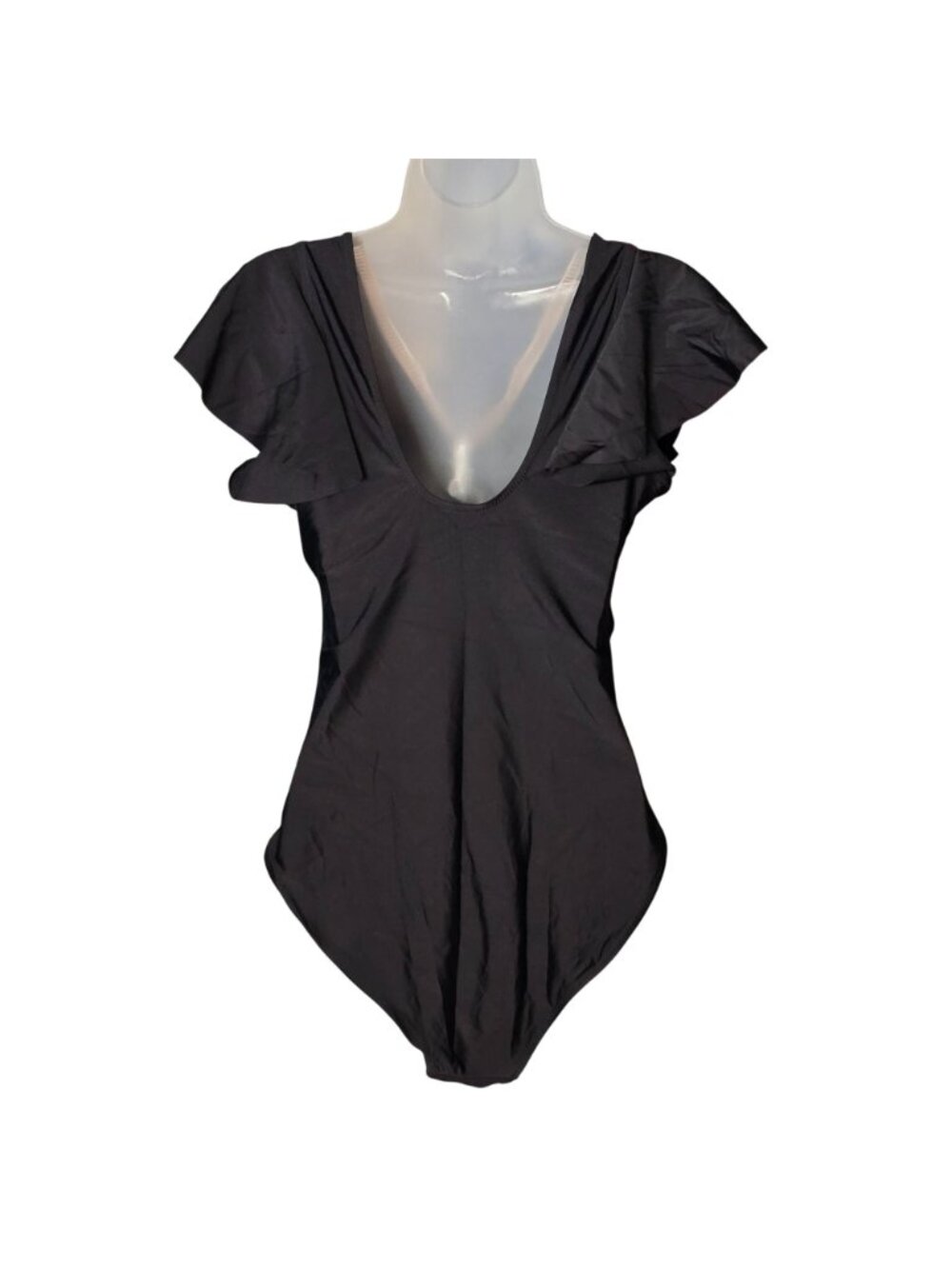 Black Flutter Sleeve One‑Piece Swimsuit L Crochet Trim V‑Neck Tummy Control - Picture 5 of 10